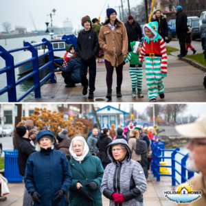 A diverse group of Port Colborne townsfolk, spanning various ages, eagerly await Santa's arrival via tugboat at the locks. Excitement fills the air as they gather together in anticipation. Credit: Holiday Homes Property Management.
