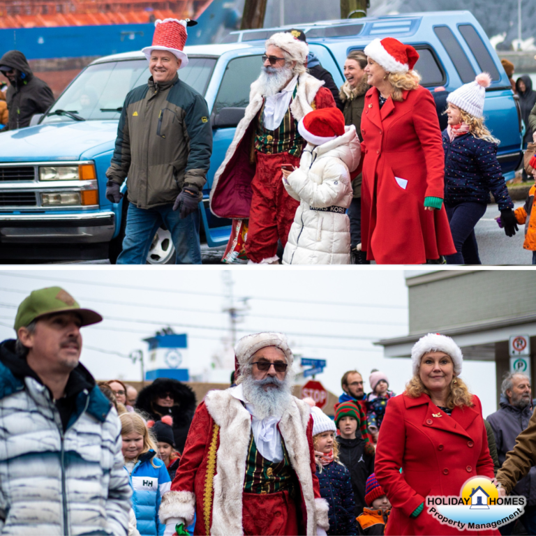 Santa Claus leads a festive procession through the streets of Port Colborne toward Mariner's Park. People of all ages follow him, filled with joy and anticipation. Credit: Holiday Homes Property Management.